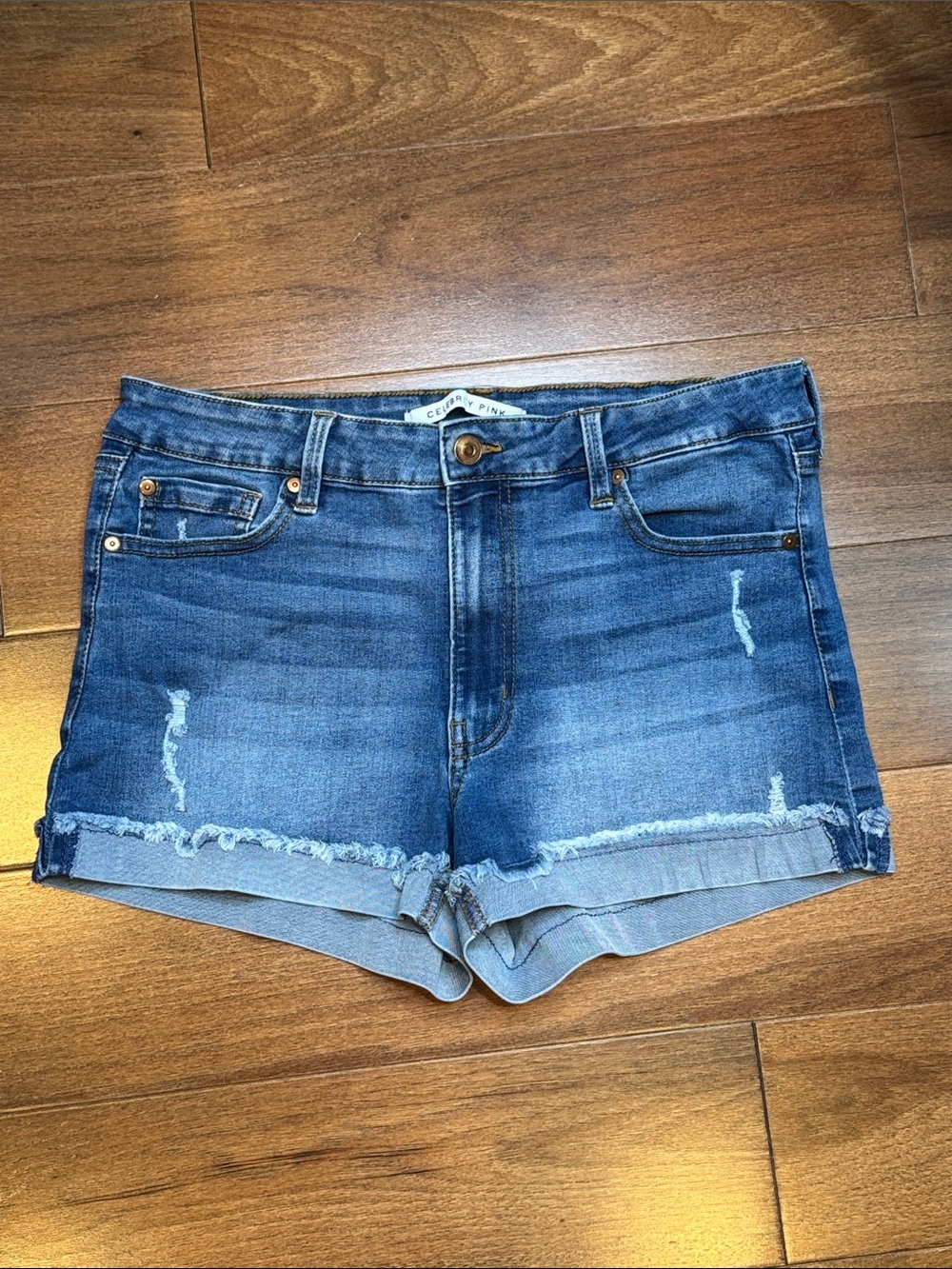 CELEBRITY PINK Distressed Mid-Blue Cuffed Denim Shorts